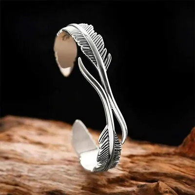 925 Sterling Silver Womens Feather Bracelet Adjustable Open Bangle Friends Gift • £5.79
