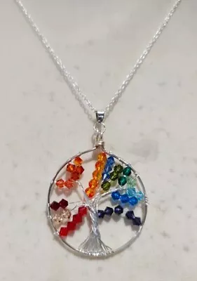 Rainbow Tree Of Life Pendant 20  Silver Plate Necklace Gift Box New Handmade; • £5.50