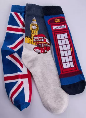 Unisex Union Jack Bus Big Ben Phone Box Cotton Rich Novelty Kids Socks 8-15Y • £4.49