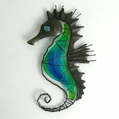 Seahorse Contemporary Metal Wall Art - Metal And Glass Seahorse Plaque H23cm • £15.40