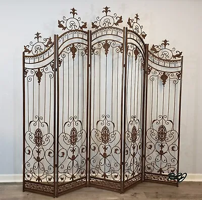 Large Vintage French Country Scrolling Brown Metal 5 Panel Room Divider Screen • $499.95