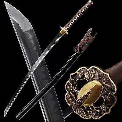 Brown Katana Sword Real Hamon Clay Tempered T10 Steel Razor Sharp Brass Tsuba • $109.99