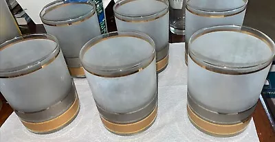 6 Gold MID CENTURY MODERN CULVER GLASS LTD LOWBALL GLASSES GOLD SILVER BAND • $39.99