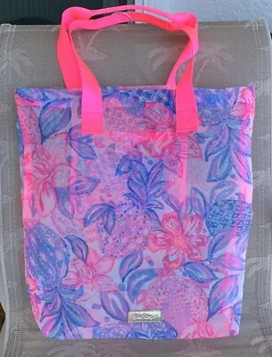 Lilly Pulitzer PINK ISLE SNAPPY TURTLE Pink Floral Sheer Mesh Tote Beach Bag • $35