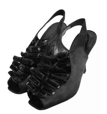Ladies MANOLO BLAHNIK Black Satin Bow Slingback Heels UK 3.5 E08 • £9.99
