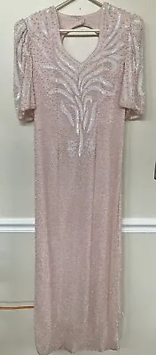 Beaded Evening Gown Woman’s Sequin Long Dress Short Sleeved Pink Vintage • $84.99