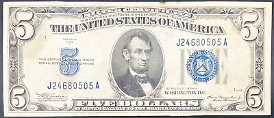 1934 $5 Five Dollar Blue Seal/Serial Silver Certificate Note Bill • $14.95