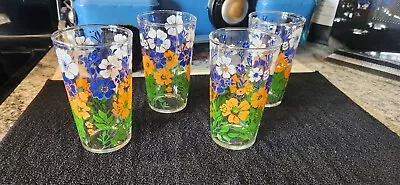 Vintage Floral Juice Glasses/ Tumblers- Set Of 4- White Blue Orange Flowers • $10