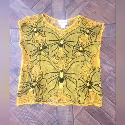 Vintage Women's Small Yellow And Black Full Embroidered Butterfly Top. • $40