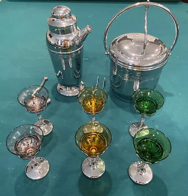 Vintage MCM Barware Set - 6 Colored Glasses  Ice Bucket & Mixer By United. READ • $89.99