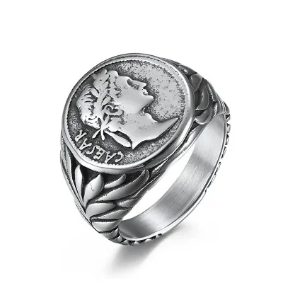 Mens Stainless Steel Roman Gaius Julius Caesar Coin Head Ring Party Band Jewelry • $4.60