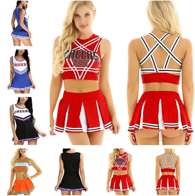 2Pcs Women Cheerleading Fancy Dress Outfit School Crop Top Mini Pleated Skirt  • £18.54