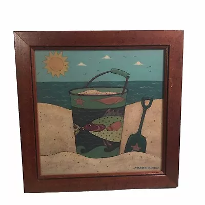 VTG Warren Kimble Whimsical Sandpail Fishing By The Sea Framed Print 12 X 12   • $49.95