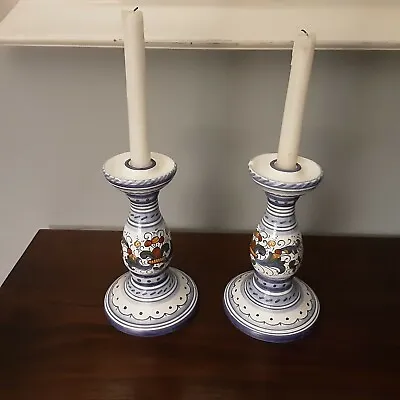 Vintage Deruta Italy Ceramic Set 2 Candlestick Holders 8  Italian Hand Painted • $74.85