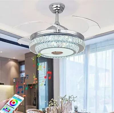 42  Crystal Ceiling Fan Light Bluetooth Speaker 7 Color Music Ceiling Chandelier • $119.31