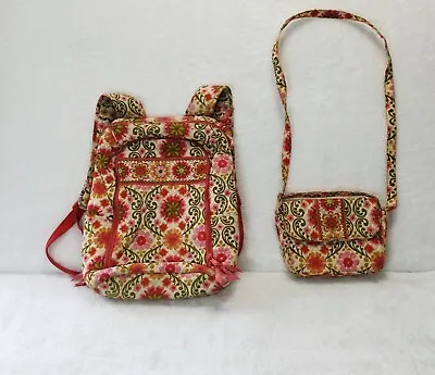 Set Of Vera Bradley Campus Backpack & Purse Folkloric Pattern Flowers Pink Trim • $34.99