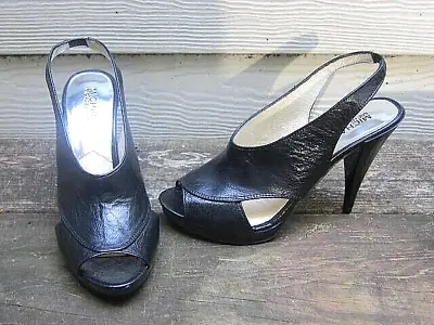 Michael Kors Glazed Black Leather Tonne Sling Back Heel Shoes 8M Peep Toe • $35