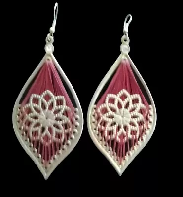Boho Moroccan Style Maroon Stronged Art Drop Dangle Earrings Accented In Gold • $9