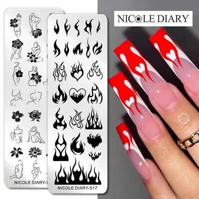 NICOLE DIARY Nail Stamping Plates Flower Fire French Lines Image Template Tools • £1.79