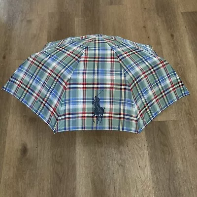 Vintage Polo Ralph Lauren Plaid Umbrella Blue Horse Logo Large Multicolored RARE • $80