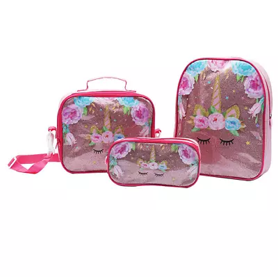 3PCS/SET Child Girls Unicorn School Backpack Lunch Bag Pencil Pen Case Rucksack • £12.69