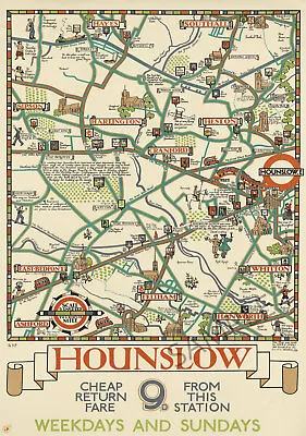 Vintage Poster London Underground Map Hounslow Train Stations ART PRINT A4 A3  • £5.99