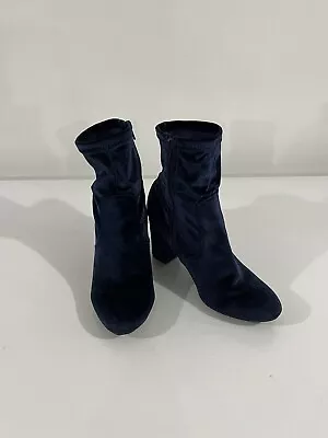 Candies Blue Velvet Ankle Boot Women's Size 9.5 Stretch Side Zipper 3.5  Heel • $9.10