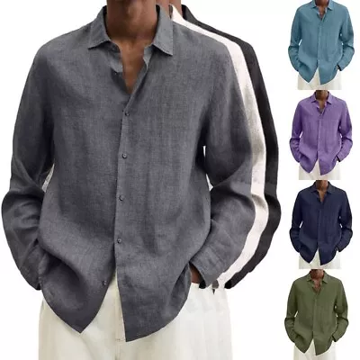 Mens Long Sleeve Shirt Solid Tops Baggy T-Shirt Lapel Dress Button-down Blouse • £8.98