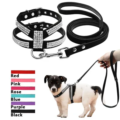 £8.99 • Buy Bling Rhinestone Dog Harness And Lead Set Soft Leather For Small Dogs Chihuahua