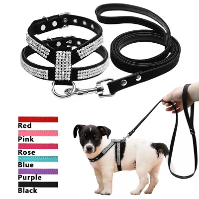 £8.39 • Buy Leather Dog Harness And Lead Set Bling Rhinestone Crystal Cat Puppy Collar Vest