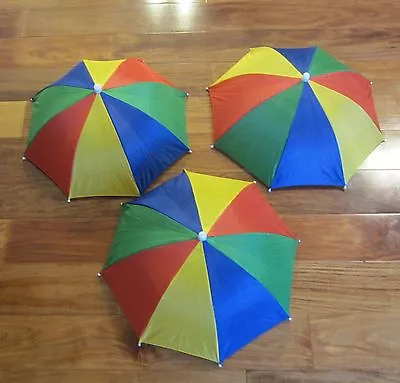 3 New Multicolor Umbrella Hats Cap Hands Free Elastic Head Band Shade Sports • $12.59