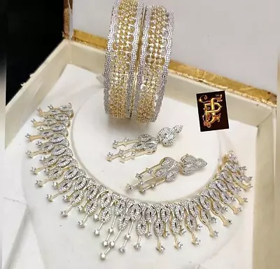 $26.99 • Buy Bollywood Indian Gold Plated AD CZ Choker Necklace Bangle Bridal Jewelry Set