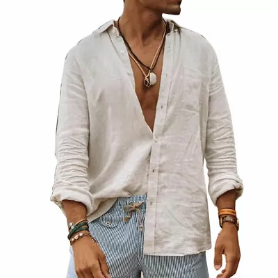 Mens Casual Cotton Linen Shirt Long Sleeve Loose Blouse Button Down Shirts Tops • $15.34