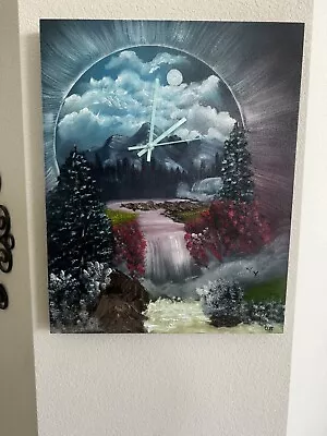 Bob Ross Style Portal Waterfall Painting W/clock On 16x20 1 5/8  Wooden Panel. • $55