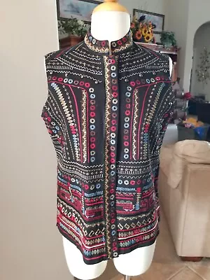 Vintage Chicos Vest Black Multi Color Bead Embroidered Front Button Size 0 • $9.99