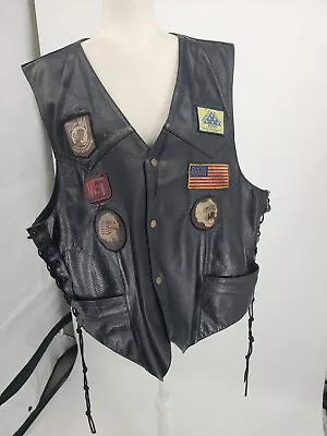 Vintage Black Leather Moto Biker Vest With Patches Pow MIA VET Size 54 VTX • $53.99