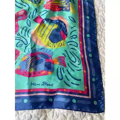 Ken Done 100% Silk Scarf Vibrant Blue Teal Multicolor Tropical Fish • £32.81