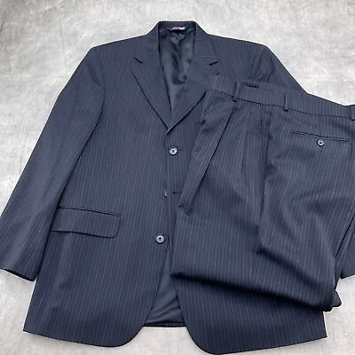 Stafford Super Suit Men 40R  36/32 Blue Pinstripe Wool Lined Pleat Cuff Classic • $35.97