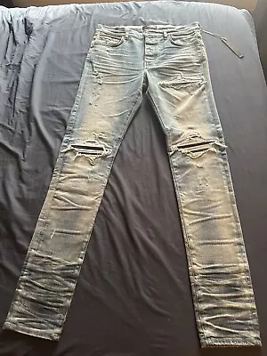 Amiri MX1 Blue Denim Jeans Black Leather Size 36 • $500