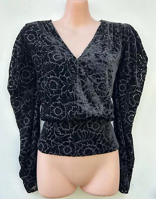 WITCHERY Black Burn Out Velvet Shaped Long Sleeves Waisted Blouse/Top Sz 10-12 • $65