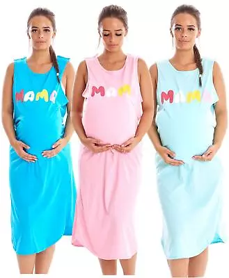 Strappy Maternity Nursing Nightdress 100% Cotton Breast Buttons MAMA Motif Gown • £12.95