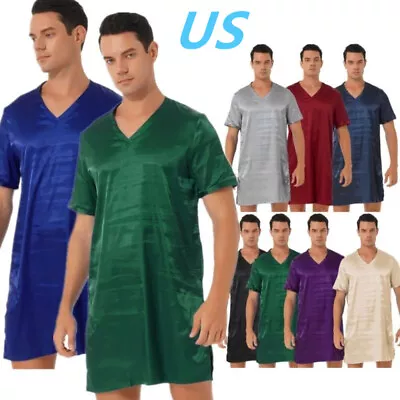 US Men's Satin Nightshirt Short Sleeve V Neck Pajamas Shirt Nightgown Sleepwear  • $12.67