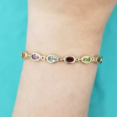 Estate 14K Gold Oval Link Bezel Multi-Gemstone Bracelet-7'' Long- Very Colorful- • $499