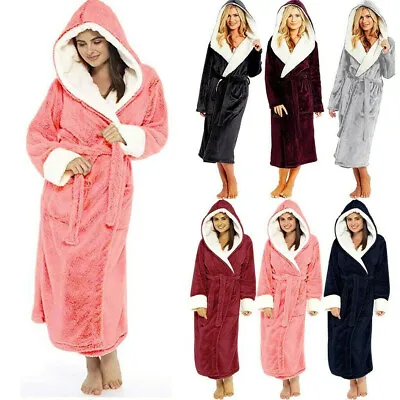 $53.99 • Buy Women Ladies Long Hooded Dressing Gown Soft Flannel Fleece Sherpa Bathrobe Coat