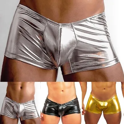 Sexy-Mens Faux Leather Underwear Wet Look Shorts Trunks Bandage Club Hot Pants • £7.58