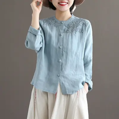Lady Ethnic Shirt Embroidery Tops Vintage Style Cotton Tea Clothes Cardigan Coat • $36.15