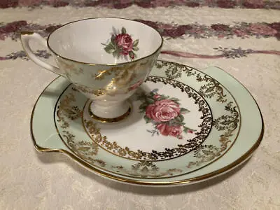 Vintage Derby English Bone China Snack Set Plate & Cup Mint Green & Roses • $9.99