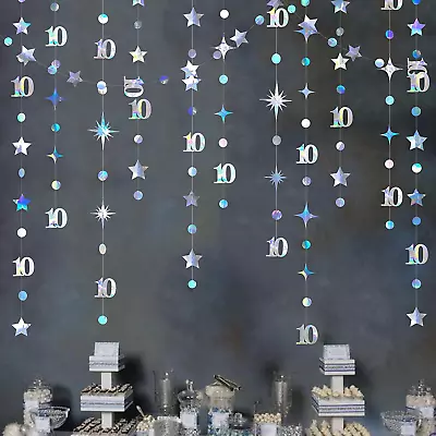 Iridescent 10Th Birthday Decorations Number 10 Circle Dot Twinkle Star Garland M • $37.99