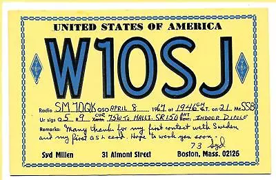 Vintage Ham Radio QSL Card Boston Mass W1OSJ 1967 Syd Millen Almont Street SWL • $19.95