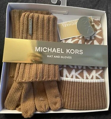 NWT & BOXED Gift MICHAEL KORS LOGO HAT GLOVE SET DARK CAMEL CREAM Beautiful $78 • $27